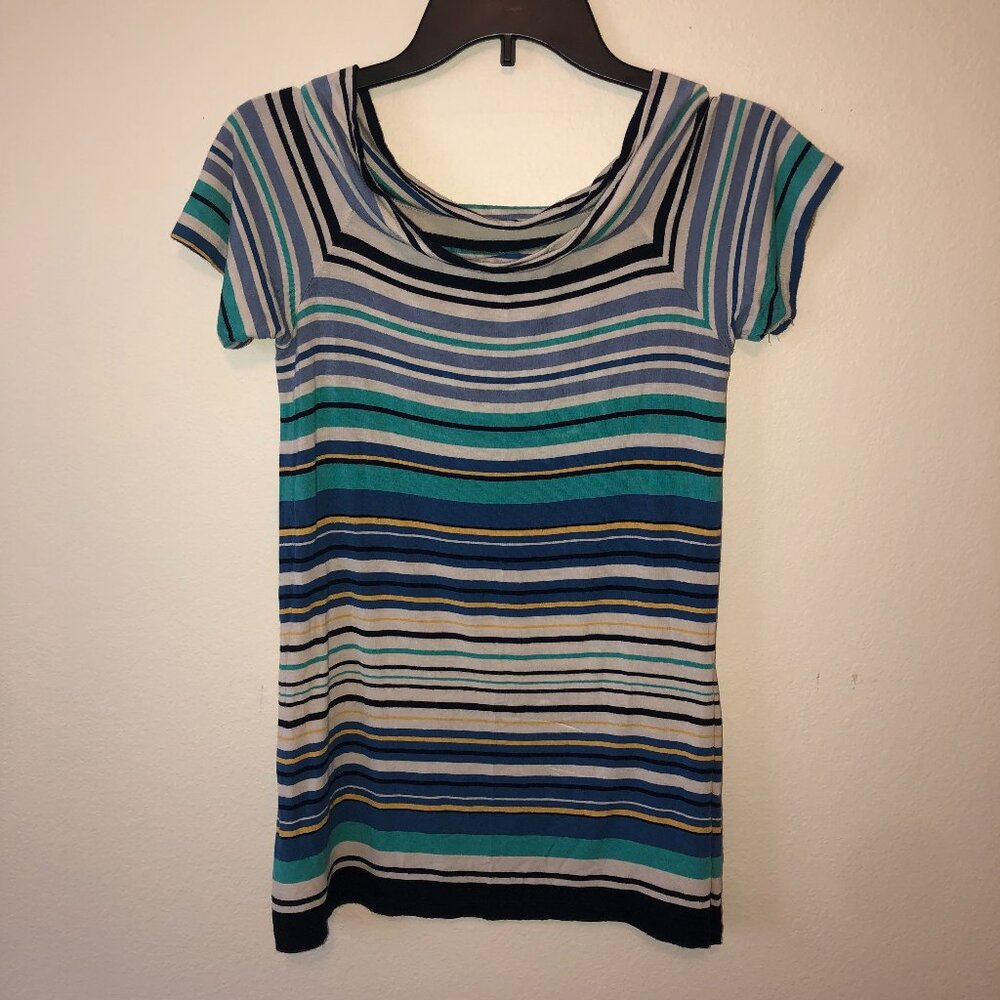 Max Studio Striped Short Sleeve Tee in Blue, Teal, Navy